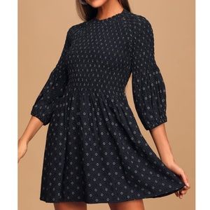 Midnight Breeze Navy Smocked Puff Sleeve Dress